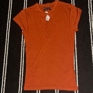 Urban Outfitters Burnt Orange Rust Terra Cotta Ribbed Keyhole Short Sleeve Top